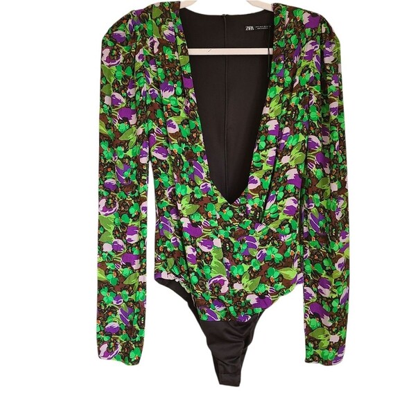 zara bodysuit long sleeve floral faux wrap bodysuit womens size S - Picture 1 of 6